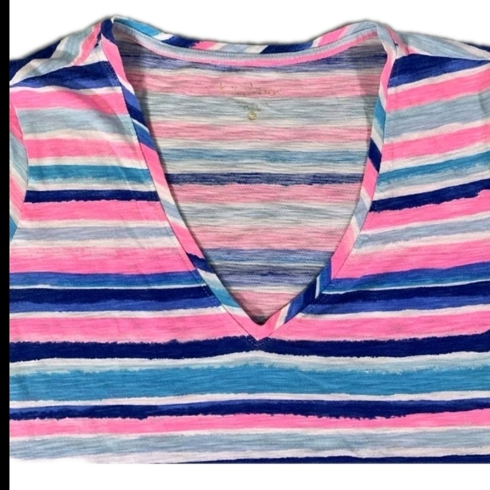 Lilly Pulitzer Etta V Neck Sandy Shell Stripe Size Small Blue Pink - Picture 3 of 5